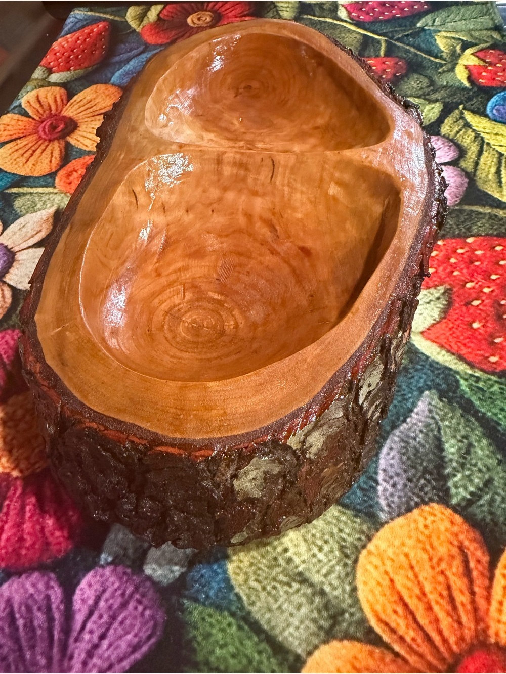Handcrafted Wooden Double Bowl - Natural Bark Edge, Warm Amber Finish